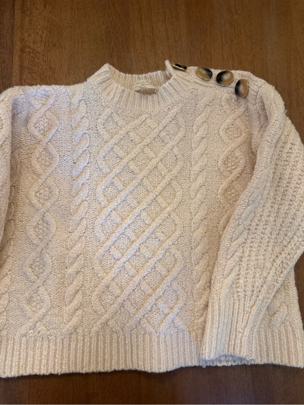 Sezane Cream Cable Knit Crew Sweater with Shoulder Buttons wool